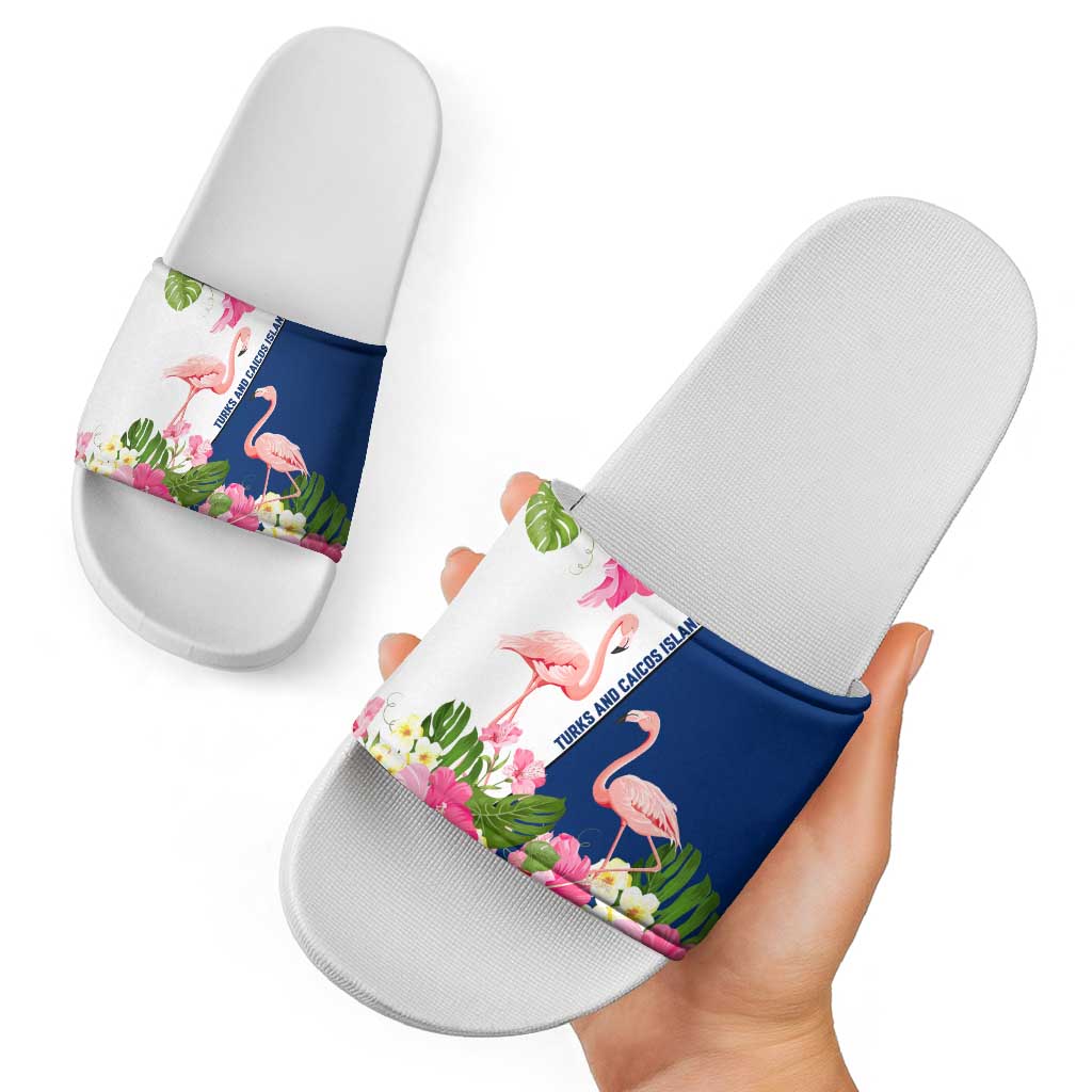 Turks and Caicos Islands Slide Sandals with Flamingos Floral Pattern and National Crest Design TS04