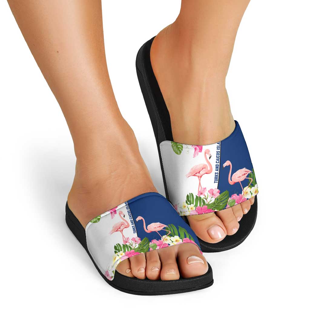Turks and Caicos Islands Slide Sandals with Flamingos Floral Pattern and National Crest Design TS04