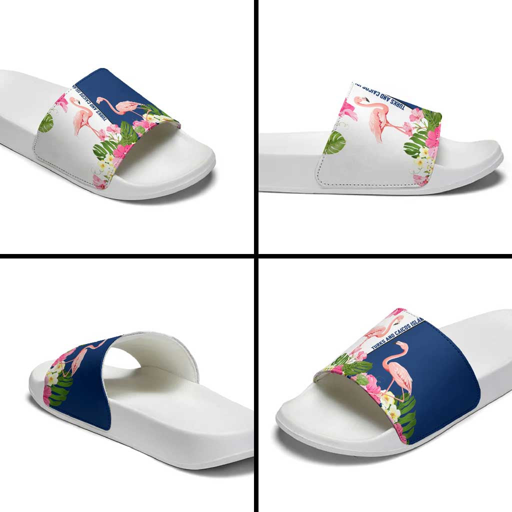 Turks and Caicos Islands Slide Sandals with Flamingos Floral Pattern and National Crest Design TS04