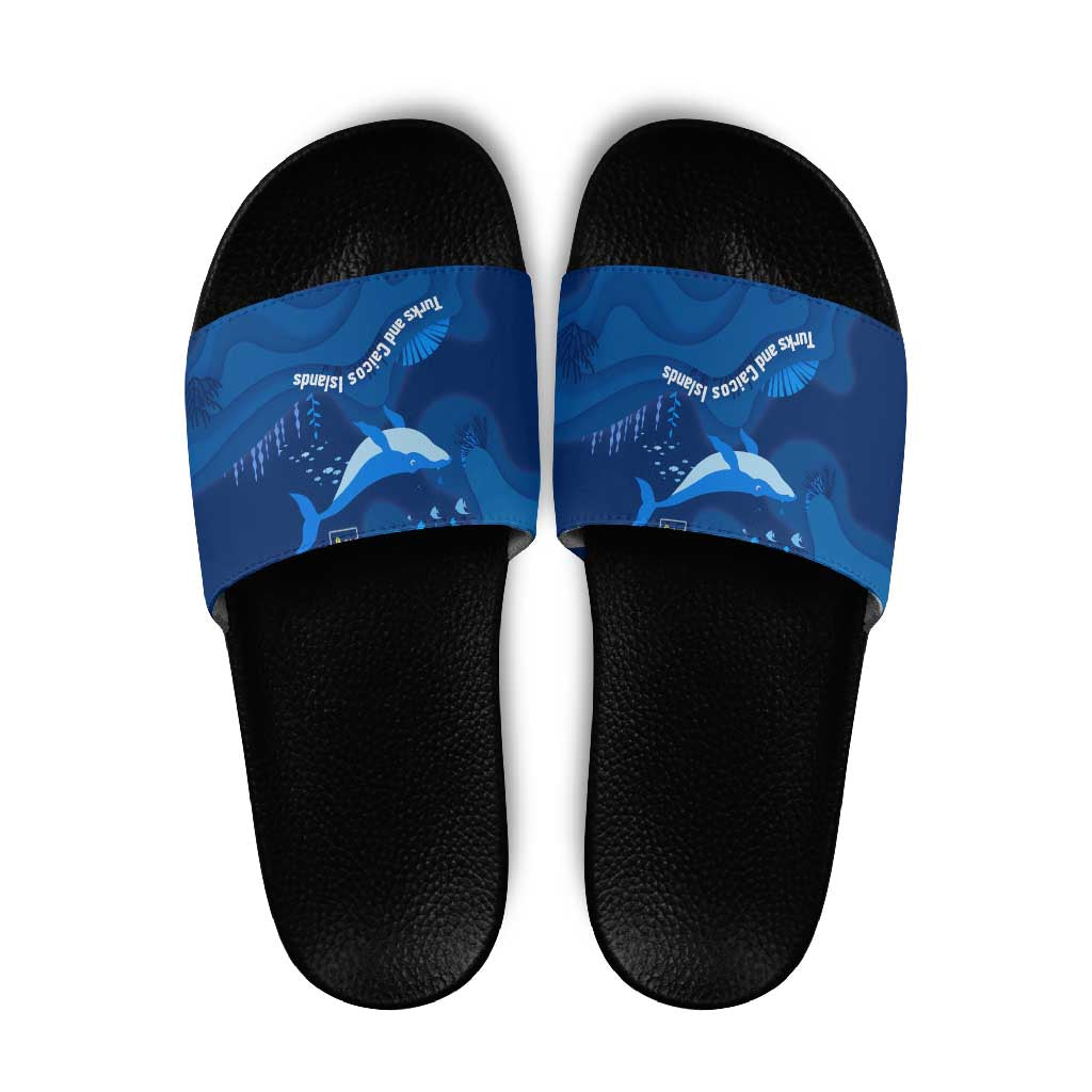Turks and Caicos Islands Slide Sandals with Blue Ocean Whale and Coral Reef Design TS04