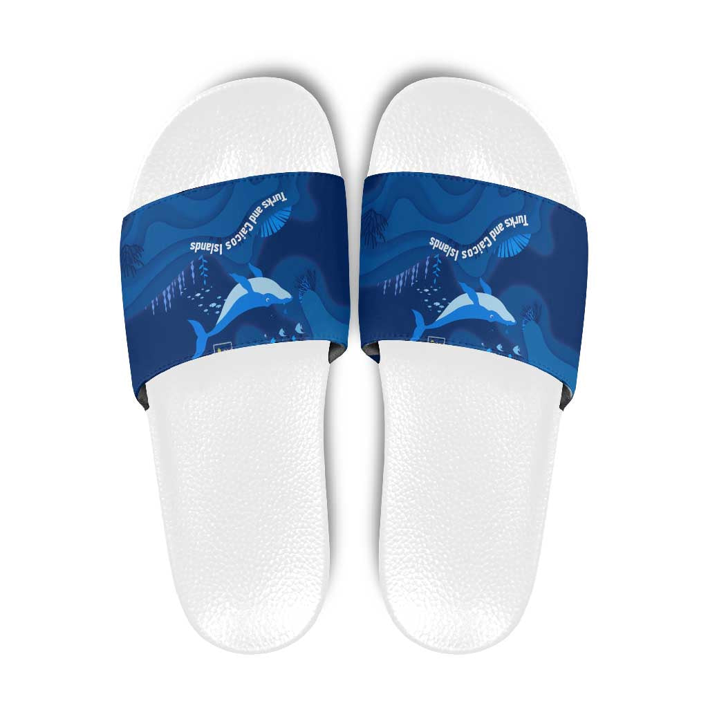 Turks and Caicos Islands Slide Sandals with Blue Ocean Whale and Coral Reef Design TS04
