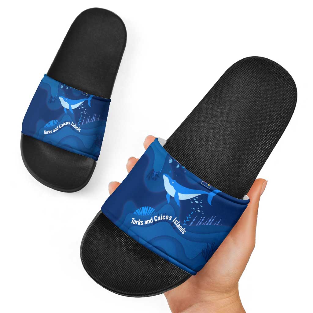 Turks and Caicos Islands Slide Sandals with Blue Ocean Whale and Coral Reef Design TS04