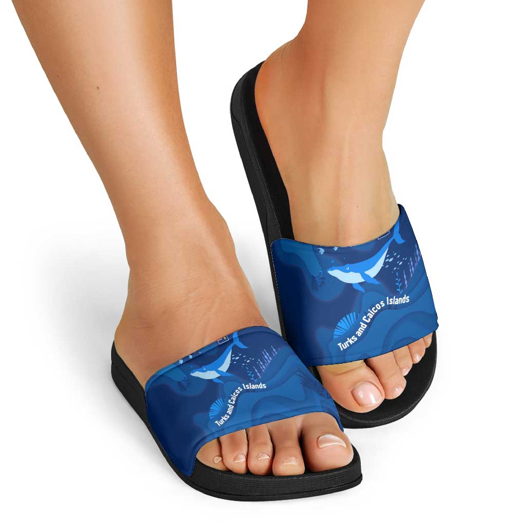 Turks and Caicos Islands Slide Sandals with Blue Ocean Whale and Coral Reef Design TS04