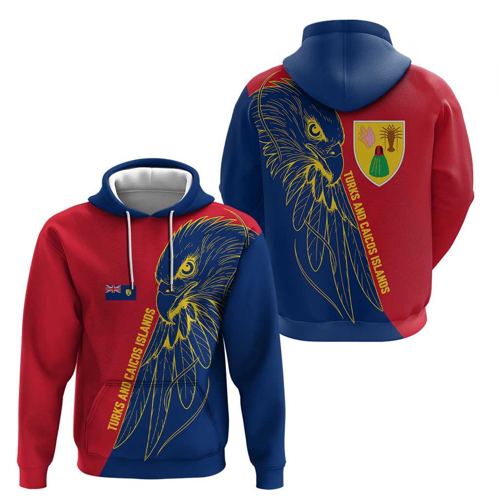 Turks and Caicos Islands Hoodie with Yellow Hawk Outline and Red Blue Crest Design TS04