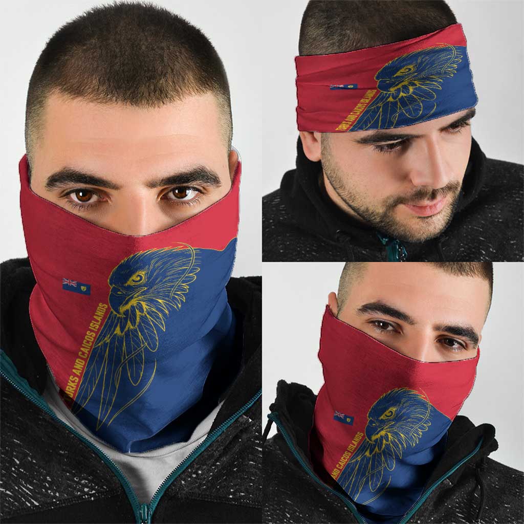 Turks and Caicos Islands Neck Gaiter with Yellow Hawk Outline and Red Blue Crest Design TS04