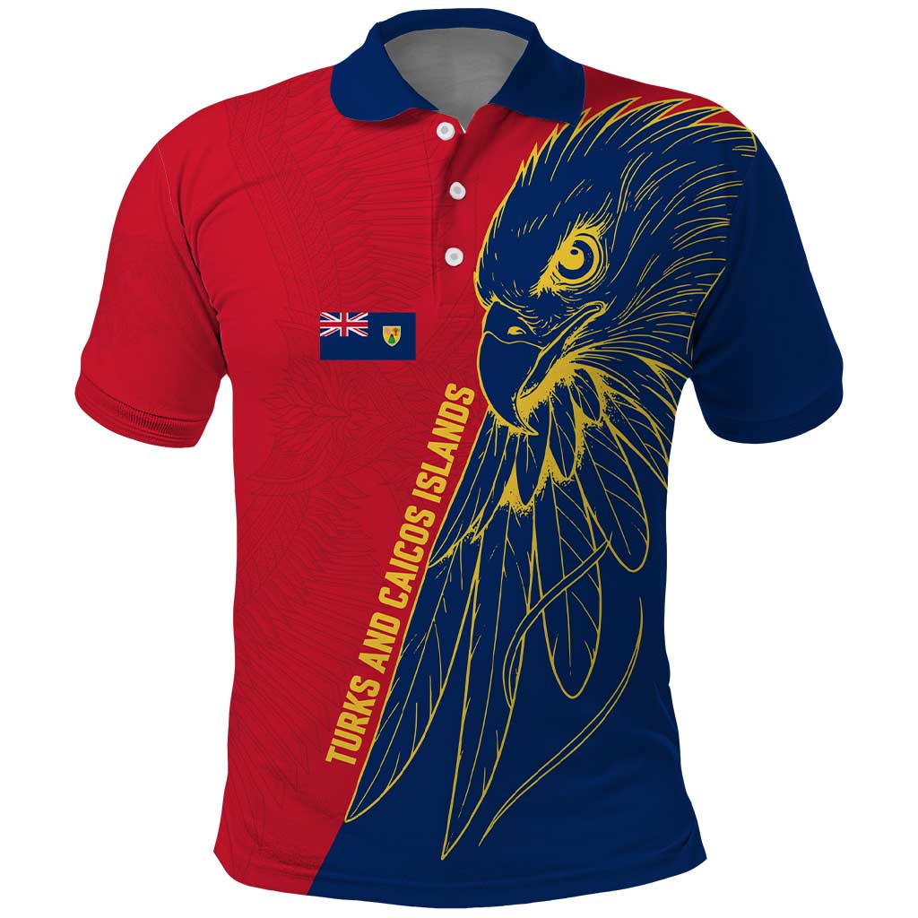 Turks and Caicos Islands Polo Shirt with Yellow Hawk Outline and Red Blue Crest Design TS04
