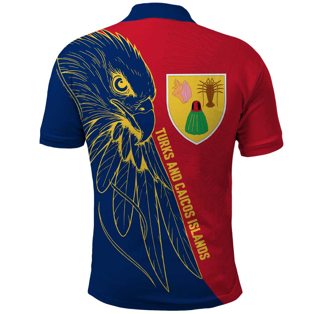 Turks and Caicos Islands Polo Shirt with Yellow Hawk Outline and Red Blue Crest Design TS04