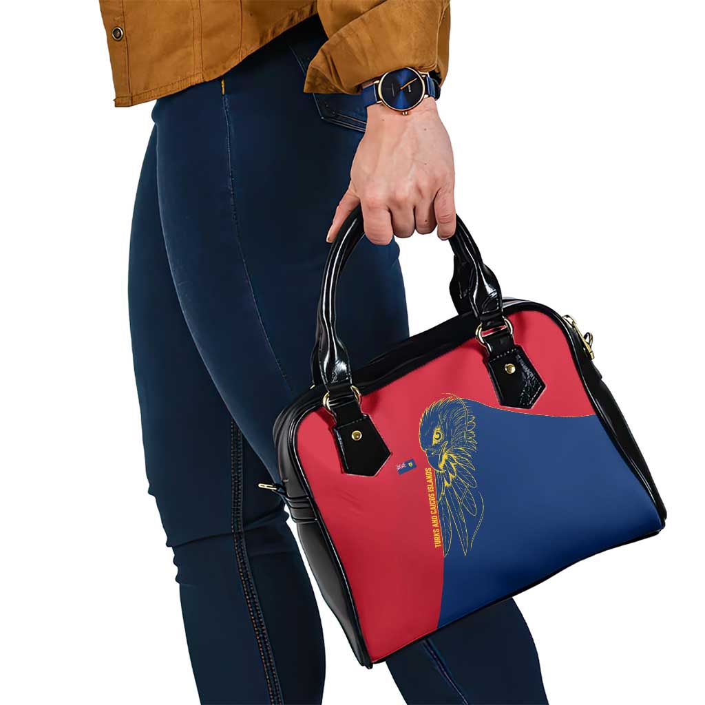 Turks and Caicos Islands Shoulder Handbag with Yellow Hawk Outline and Red Blue Crest Design TS04