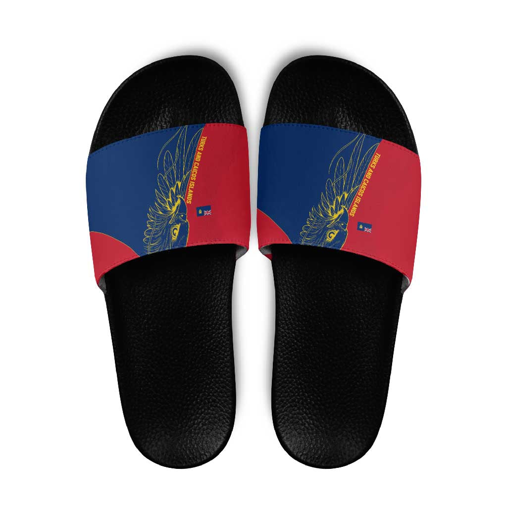 Turks and Caicos Islands Slide Sandals with Yellow Hawk Outline and Red Blue Crest Design TS04