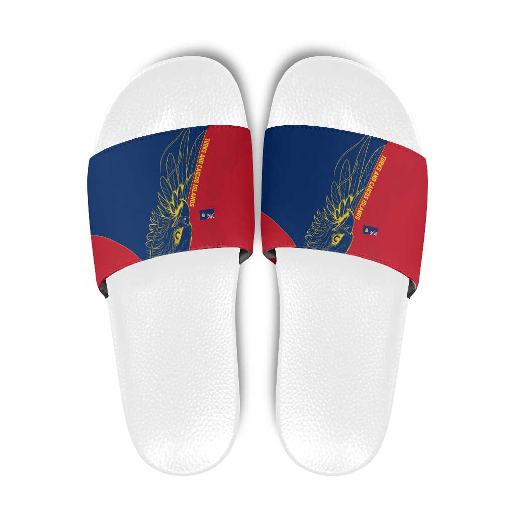 Turks and Caicos Islands Slide Sandals with Yellow Hawk Outline and Red Blue Crest Design TS04