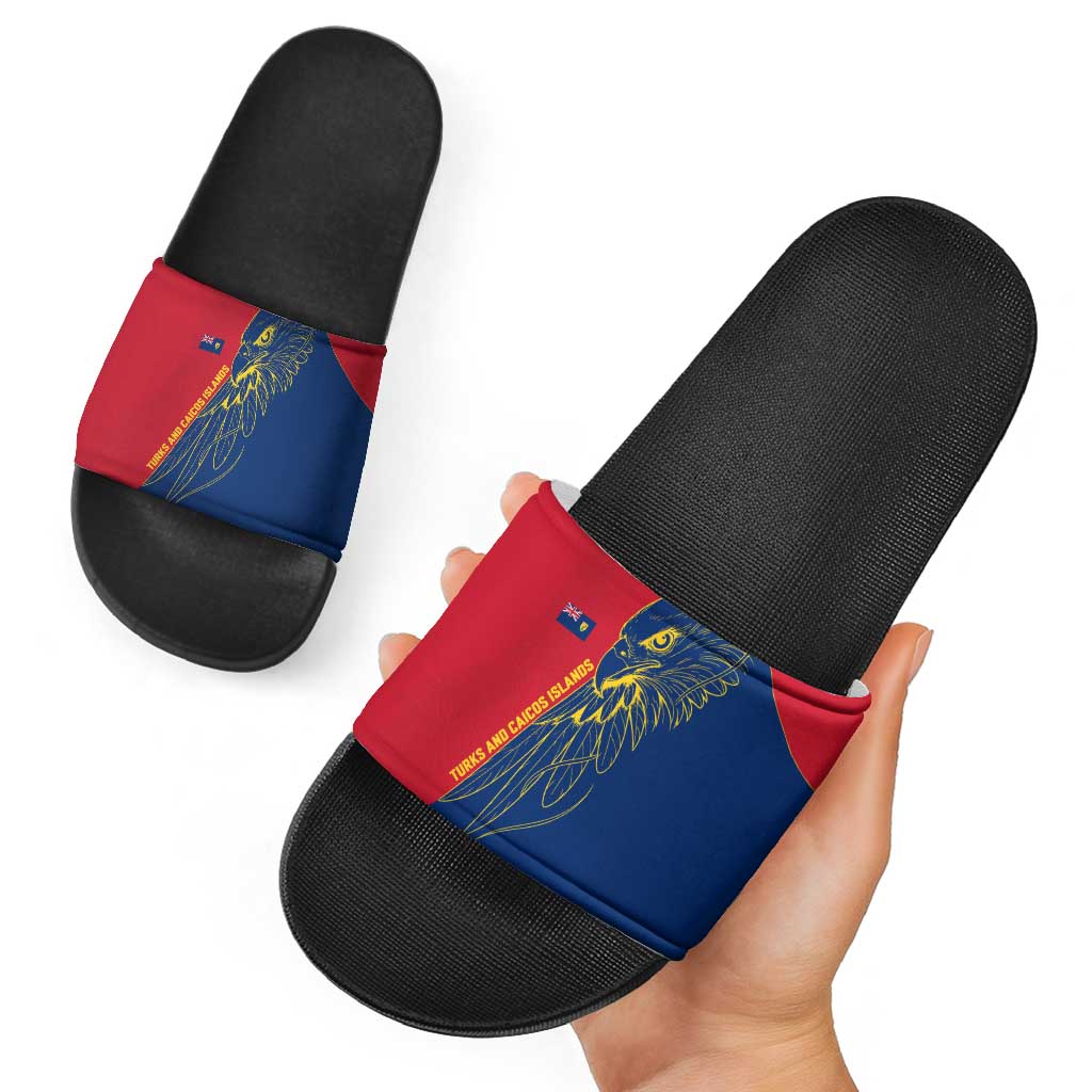 Turks and Caicos Islands Slide Sandals with Yellow Hawk Outline and Red Blue Crest Design TS04