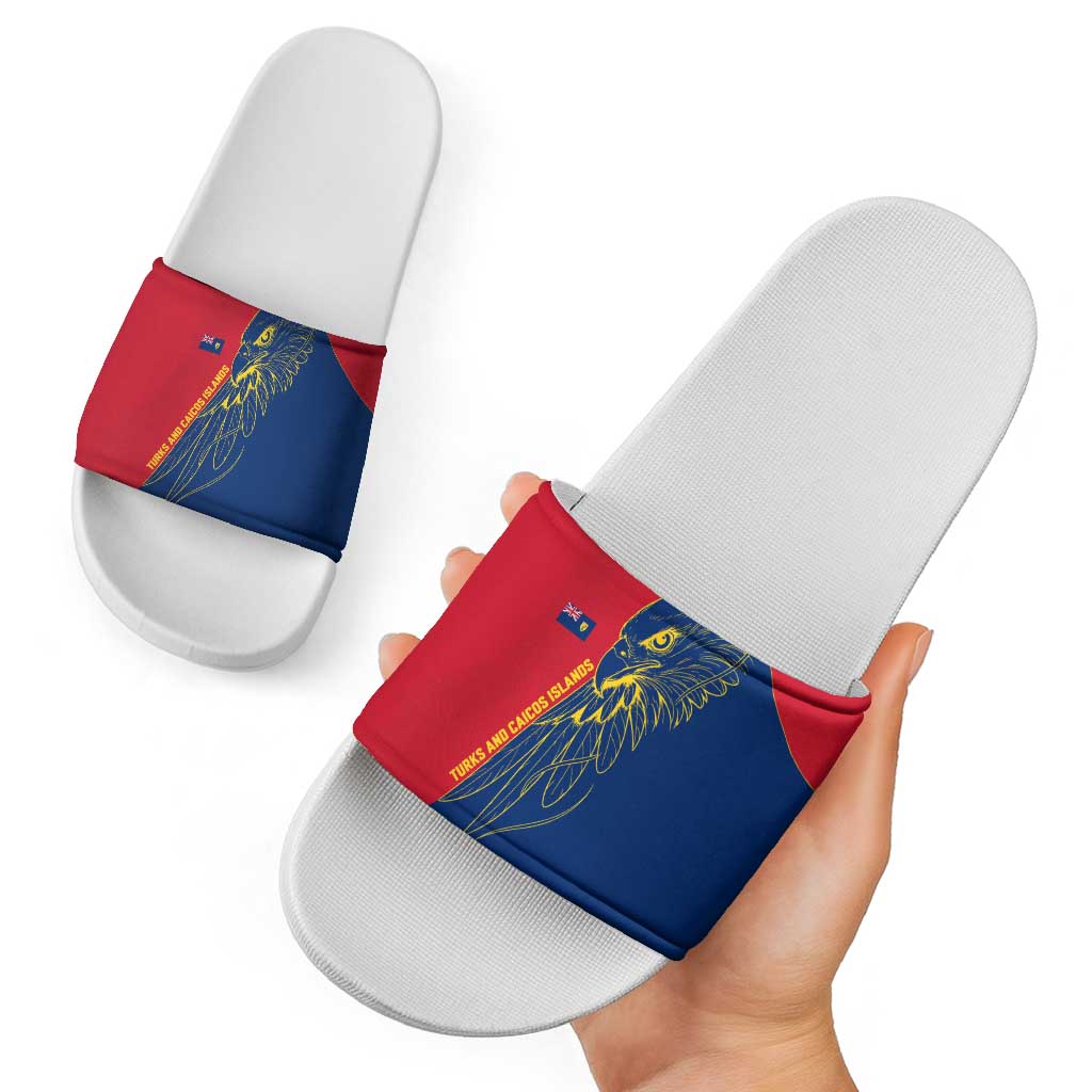 Turks and Caicos Islands Slide Sandals with Yellow Hawk Outline and Red Blue Crest Design TS04