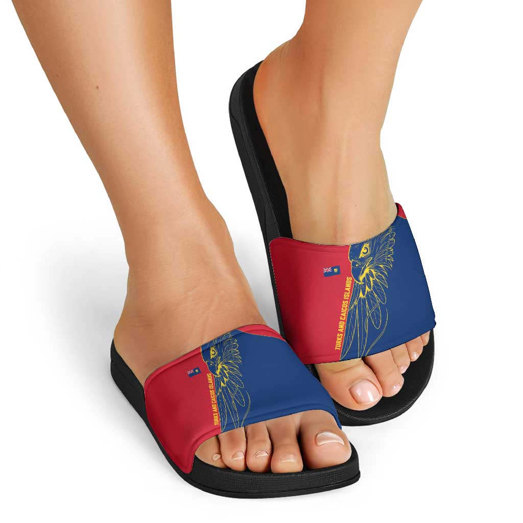 Turks and Caicos Islands Slide Sandals with Yellow Hawk Outline and Red Blue Crest Design TS04