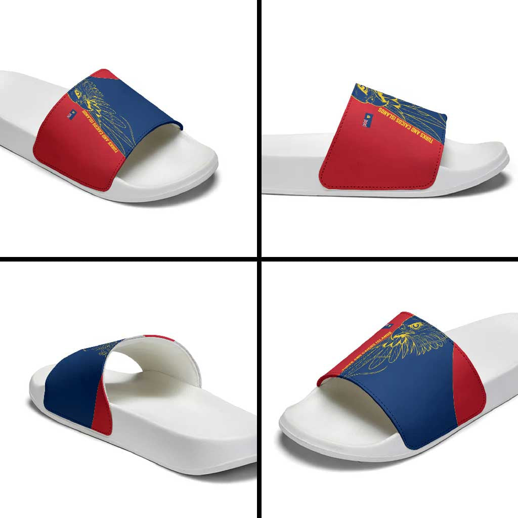Turks and Caicos Islands Slide Sandals with Yellow Hawk Outline and Red Blue Crest Design TS04