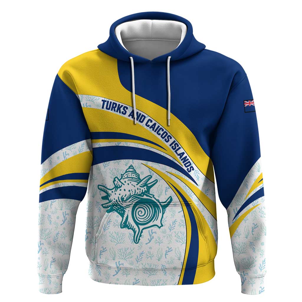 Turks and Caicos Islands Hoodie with Sea Shell Graphic and Yellow Blue Wave Design TS04