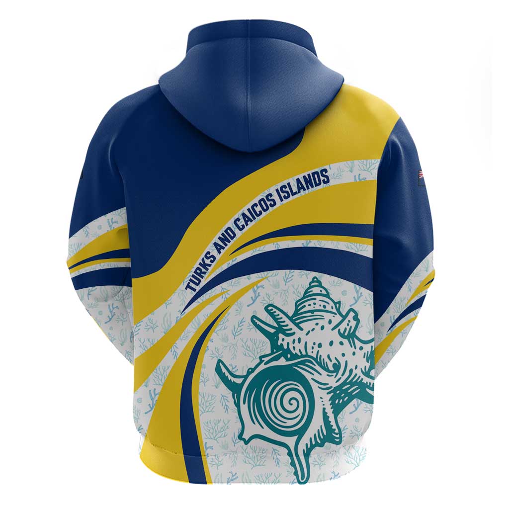 Turks and Caicos Islands Hoodie with Sea Shell Graphic and Yellow Blue Wave Design TS04