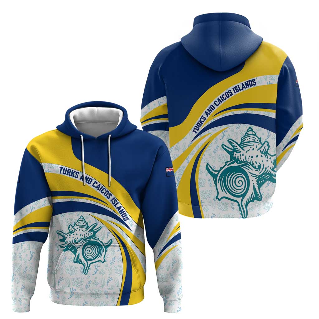 Turks and Caicos Islands Hoodie with Sea Shell Graphic and Yellow Blue Wave Design TS04