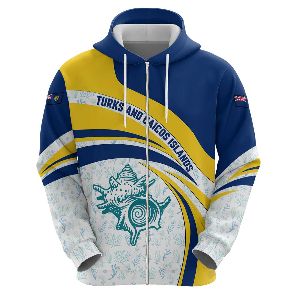 Turks and Caicos Islands Hoodie with Sea Shell Graphic and Yellow Blue Wave Design TS04