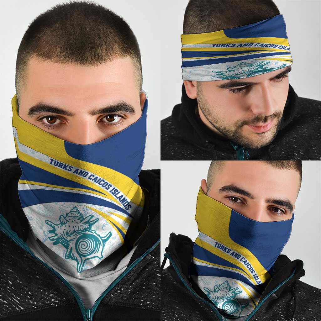 Turks and Caicos Islands Neck Gaiter with Sea Shell Graphic and Yellow Blue Wave Design TS04