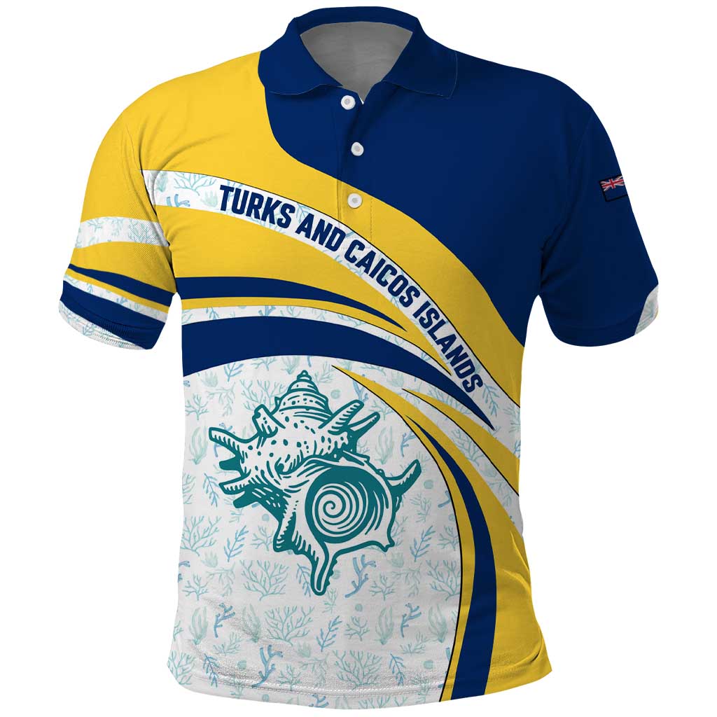 Turks and Caicos Islands Polo Shirt with Sea Shell Graphic and Yellow Blue Wave Design TS04
