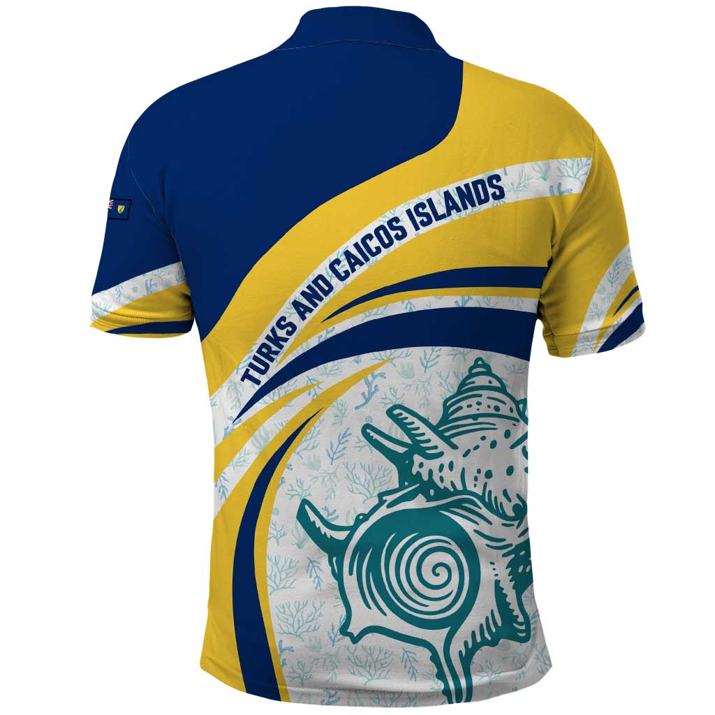 Turks and Caicos Islands Polo Shirt with Sea Shell Graphic and Yellow Blue Wave Design TS04