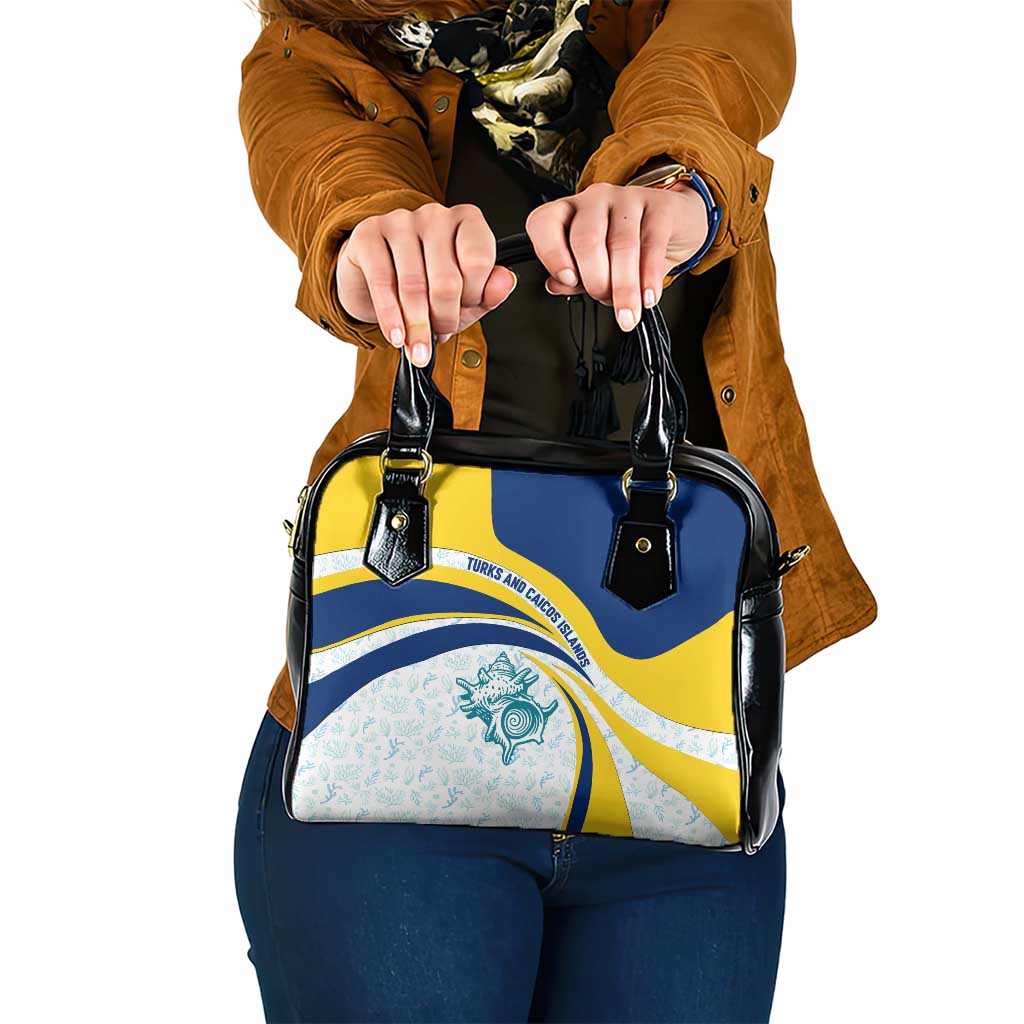Turks and Caicos Islands Shoulder Handbag with Sea Shell Graphic and Yellow Blue Wave Design TS04