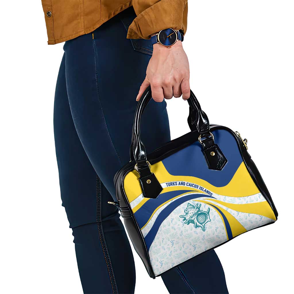 Turks and Caicos Islands Shoulder Handbag with Sea Shell Graphic and Yellow Blue Wave Design TS04