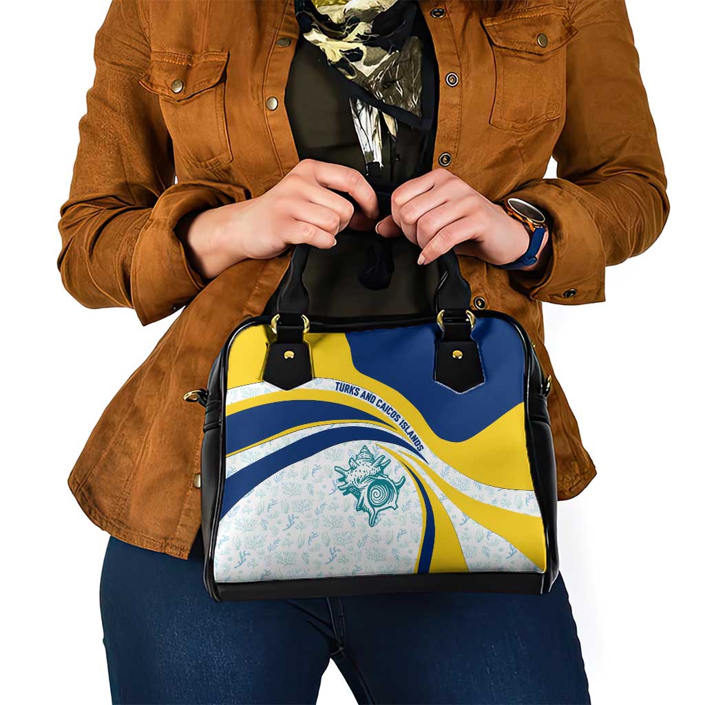 Turks and Caicos Islands Shoulder Handbag with Sea Shell Graphic and Yellow Blue Wave Design TS04