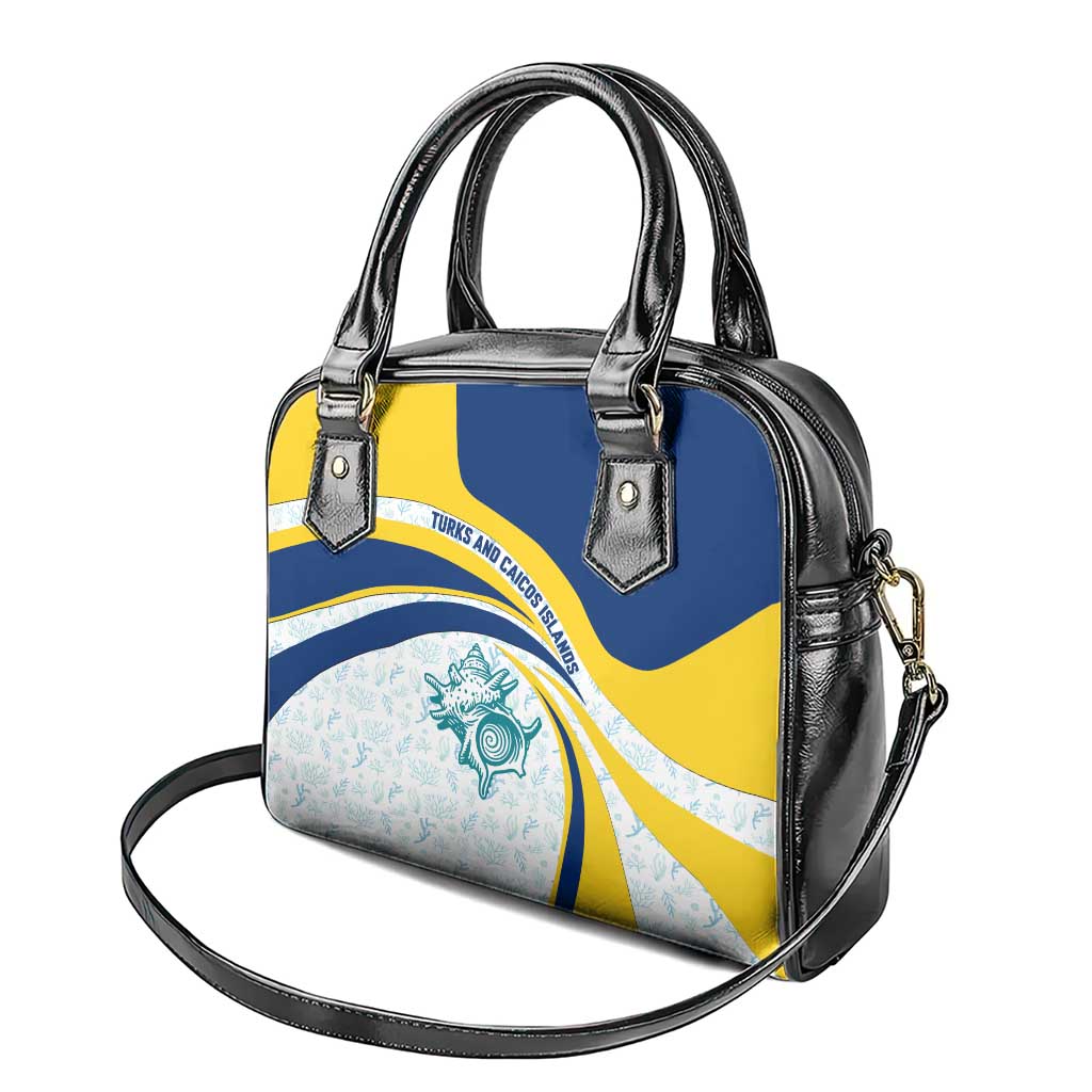Turks and Caicos Islands Shoulder Handbag with Sea Shell Graphic and Yellow Blue Wave Design TS04