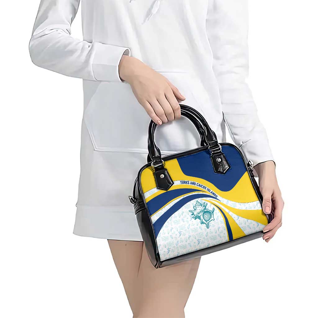 Turks and Caicos Islands Shoulder Handbag with Sea Shell Graphic and Yellow Blue Wave Design TS04