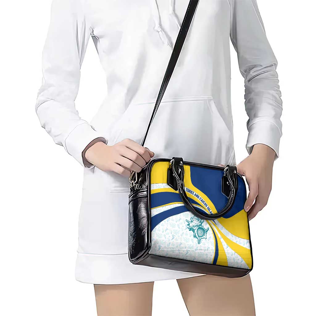 Turks and Caicos Islands Shoulder Handbag with Sea Shell Graphic and Yellow Blue Wave Design TS04