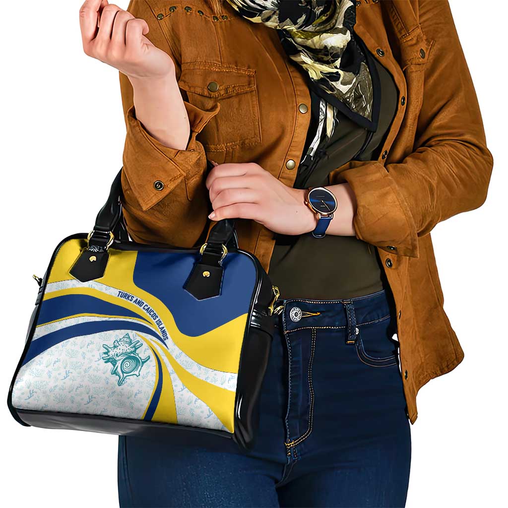Turks and Caicos Islands Shoulder Handbag with Sea Shell Graphic and Yellow Blue Wave Design TS04