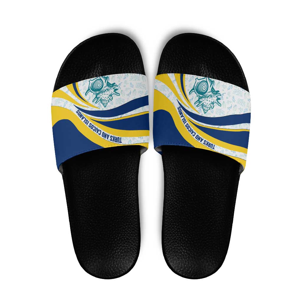 Turks and Caicos Islands Slide Sandals with Sea Shell Graphic and Yellow Blue Wave Design TS04