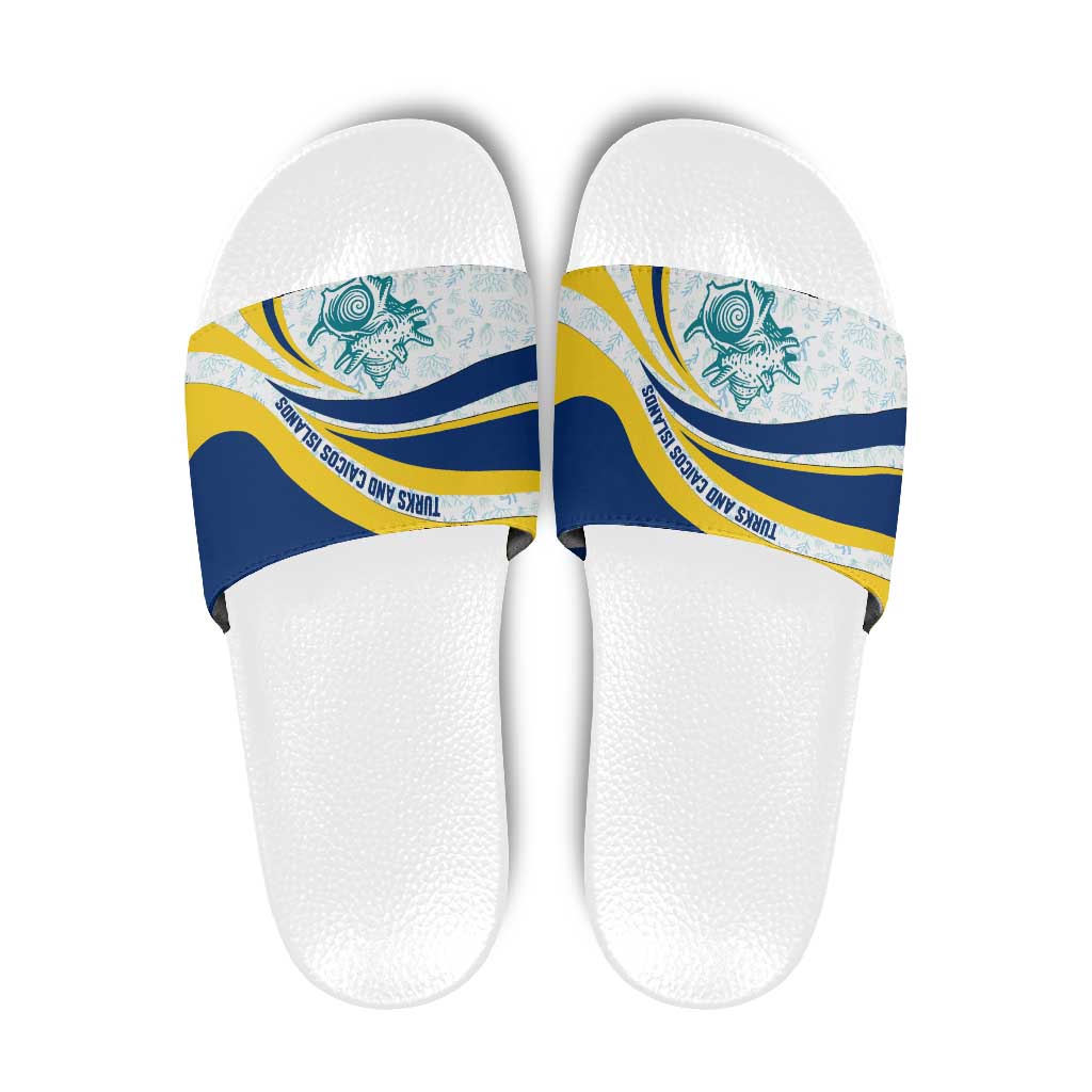 Turks and Caicos Islands Slide Sandals with Sea Shell Graphic and Yellow Blue Wave Design TS04