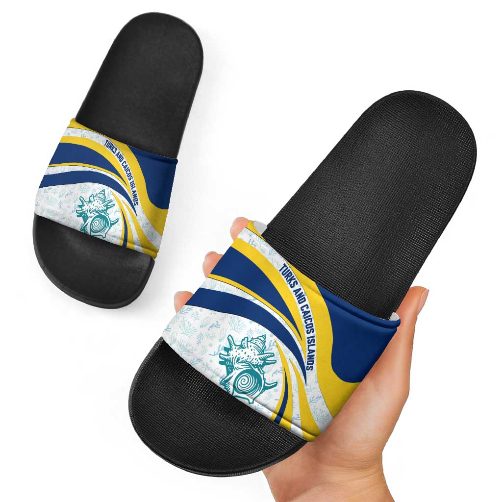 Turks and Caicos Islands Slide Sandals with Sea Shell Graphic and Yellow Blue Wave Design TS04