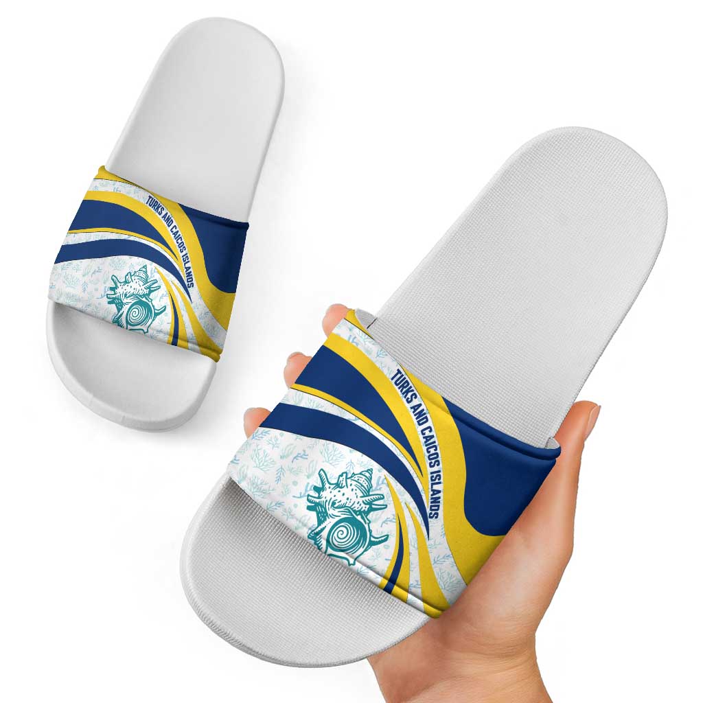 Turks and Caicos Islands Slide Sandals with Sea Shell Graphic and Yellow Blue Wave Design TS04