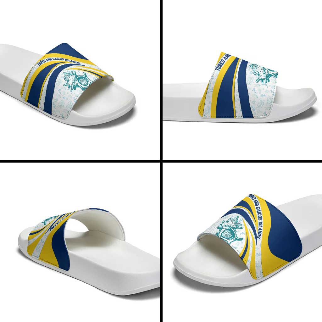 Turks and Caicos Islands Slide Sandals with Sea Shell Graphic and Yellow Blue Wave Design TS04