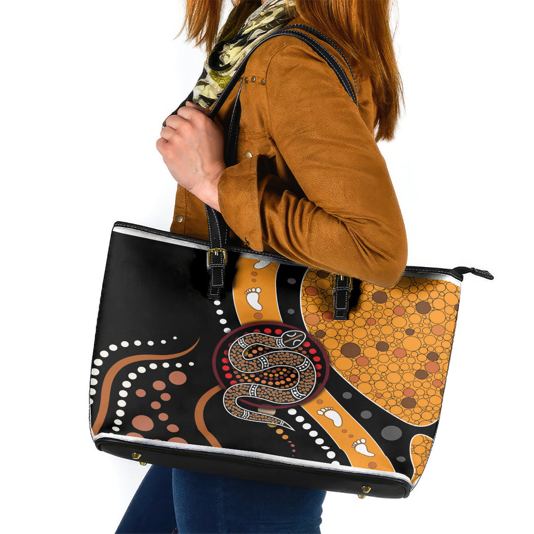 Aboriginal Snake Pattern Dot Art Leather Tote Bag TS04