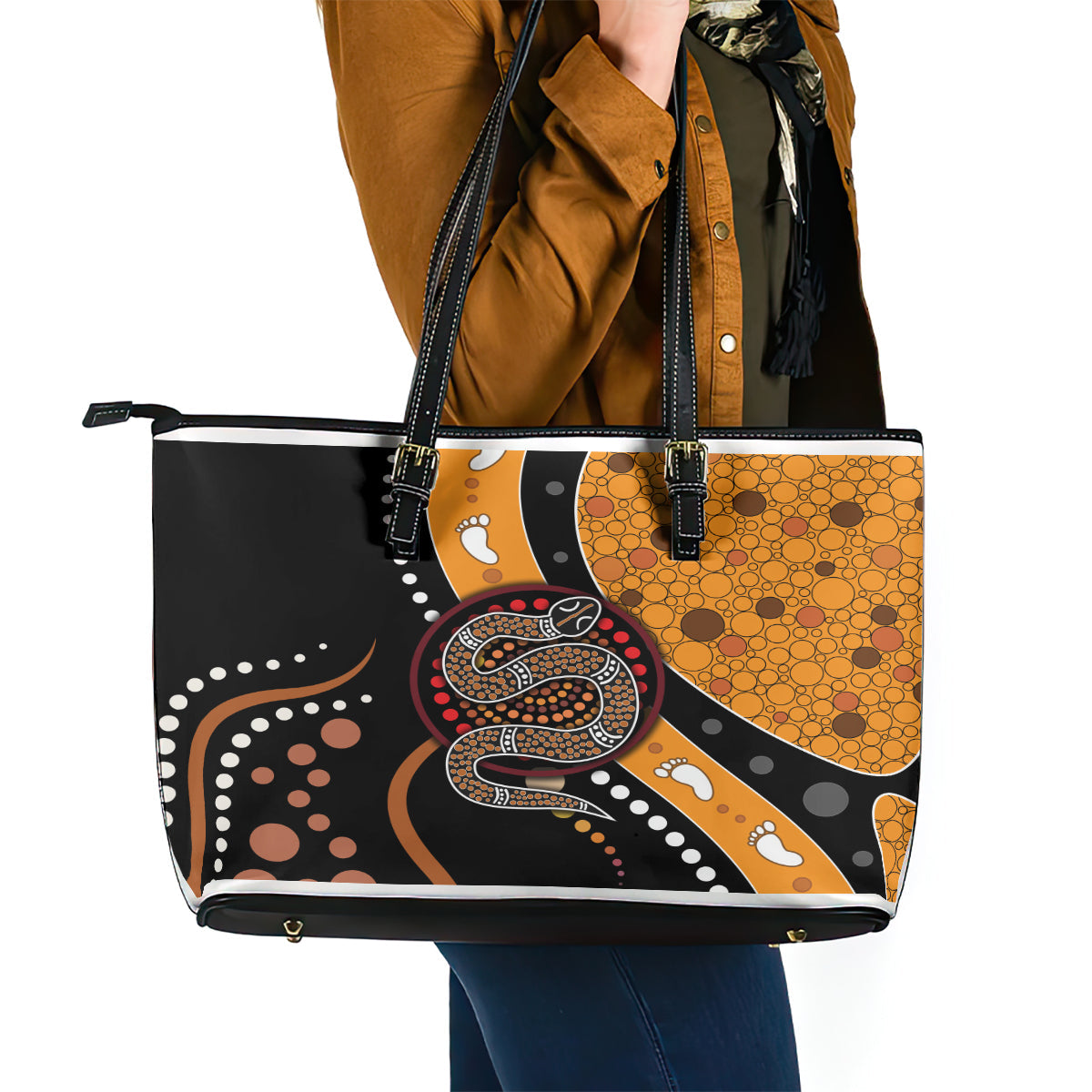 Aboriginal Snake Pattern Dot Art Leather Tote Bag TS04