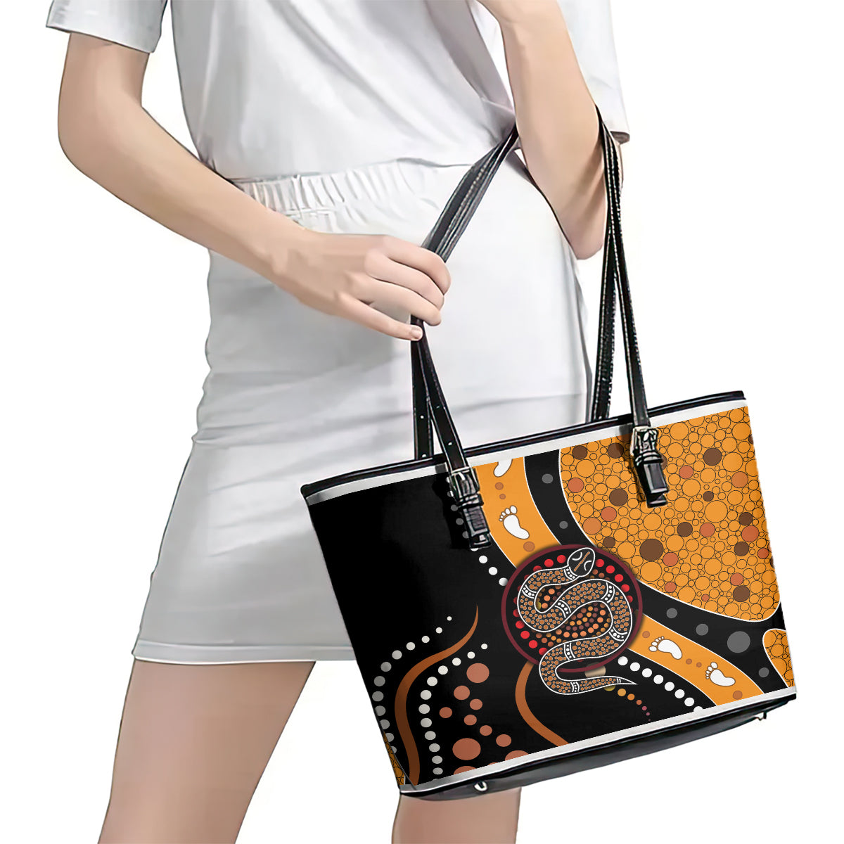 Aboriginal Snake Pattern Dot Art Leather Tote Bag TS04