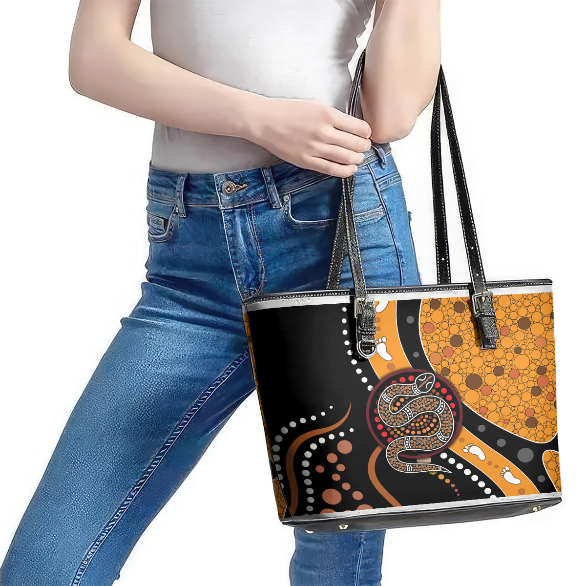 Aboriginal Snake Pattern Dot Art Leather Tote Bag TS04