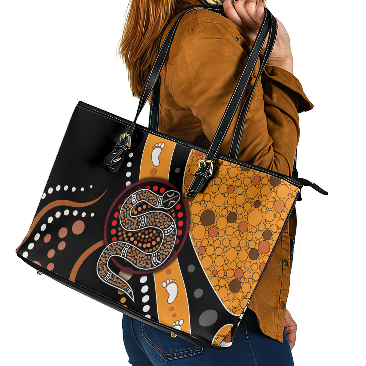 Aboriginal Snake Pattern Dot Art Leather Tote Bag TS04