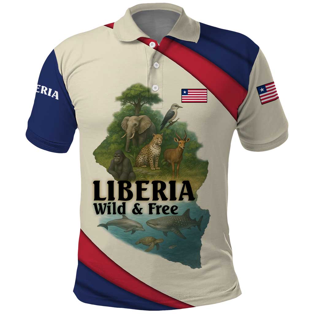 Liberia Wildlife Polo Shirt with African Safari and Ocean Marine Life Design TS04