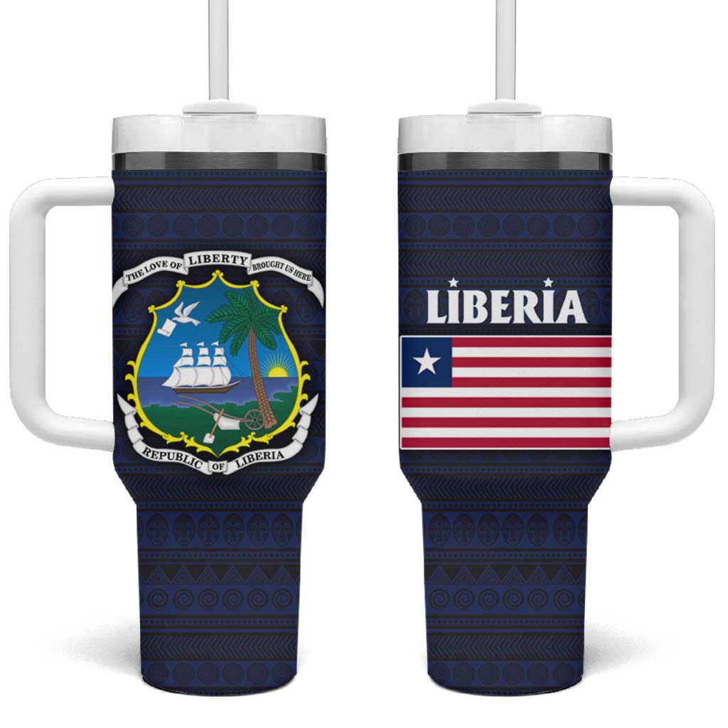 Liberia National Emblem Tumbler With Handle Tribal Pattern and Heritage Colors TS04