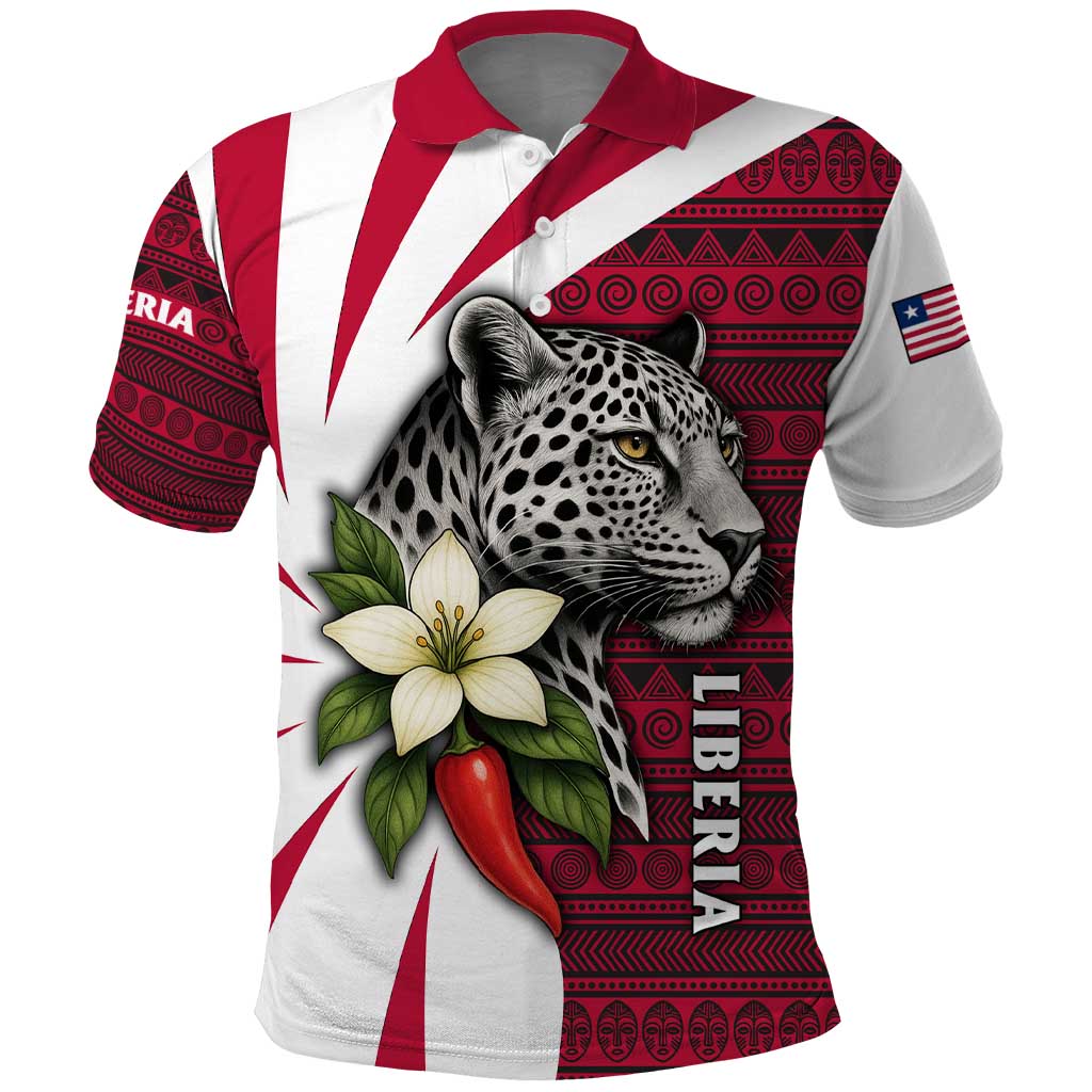 Liberia Polo Shirt with Leopard Head, White Lily, and Red Chili Tribal Design TS04