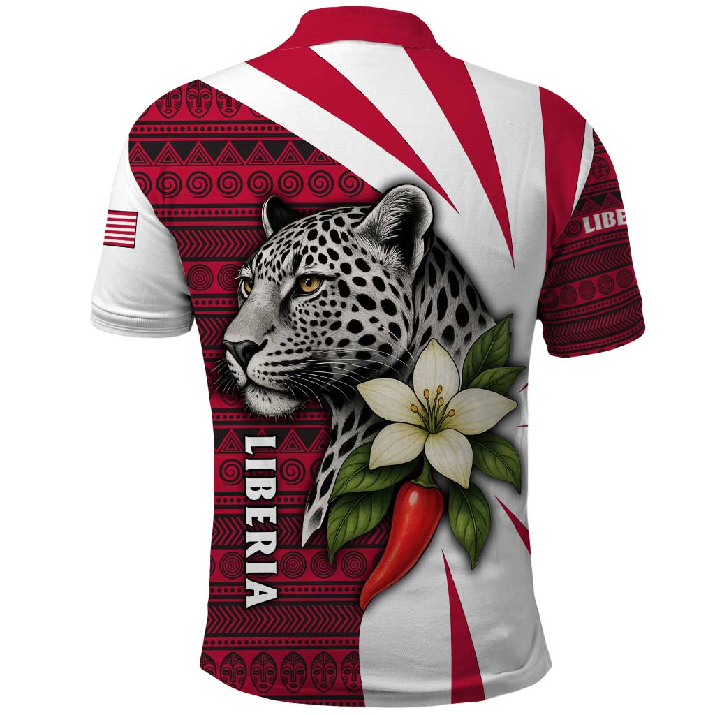 Liberia Polo Shirt with Leopard Head, White Lily, and Red Chili Tribal Design TS04