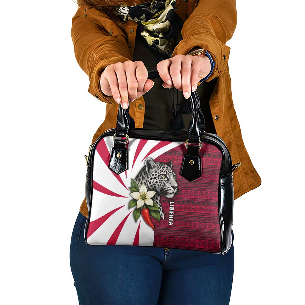 Liberia Shoulder Handbag with Leopard Head, White Lily, and Red Chili Tribal Design TS04