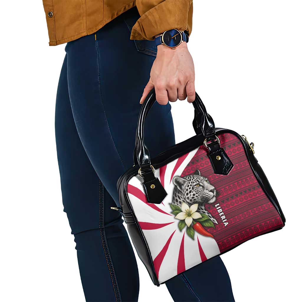 Liberia Shoulder Handbag with Leopard Head, White Lily, and Red Chili Tribal Design TS04