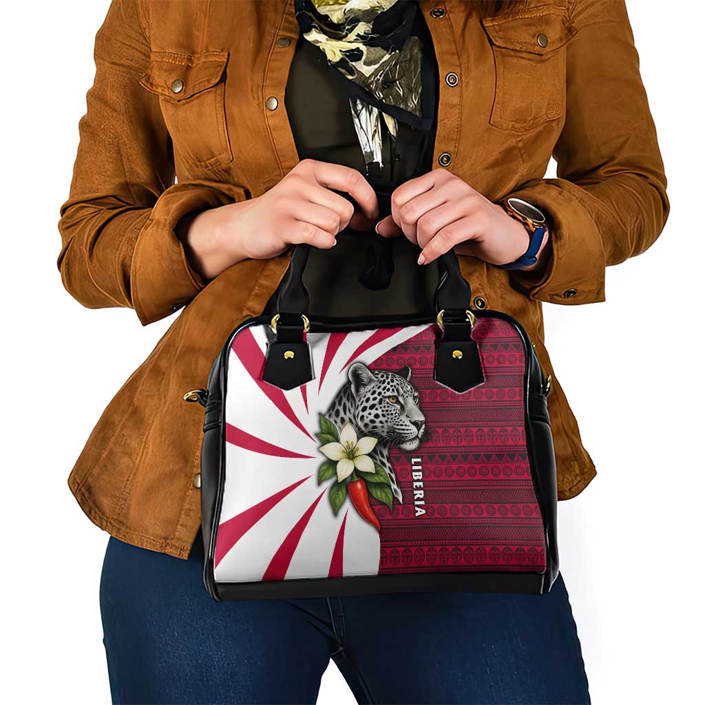 Liberia Shoulder Handbag with Leopard Head, White Lily, and Red Chili Tribal Design TS04