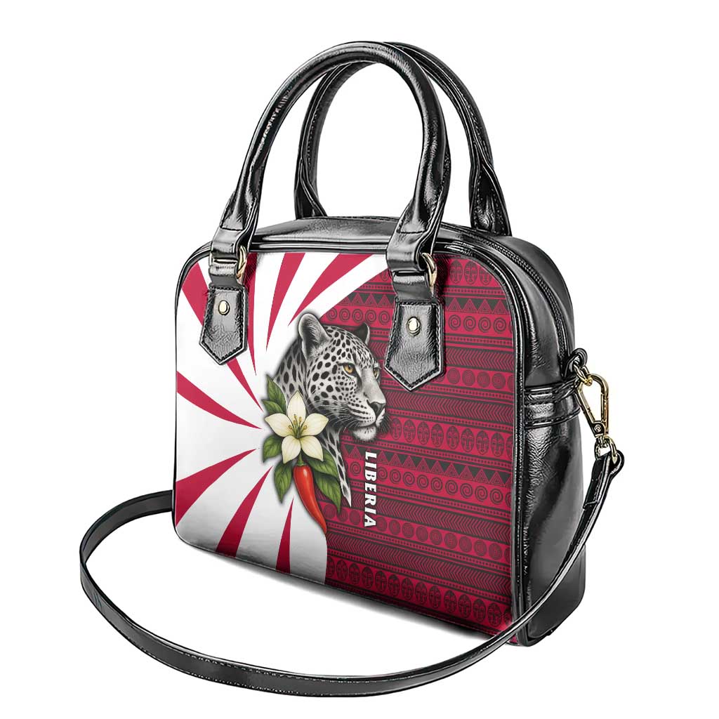 Liberia Shoulder Handbag with Leopard Head, White Lily, and Red Chili Tribal Design TS04